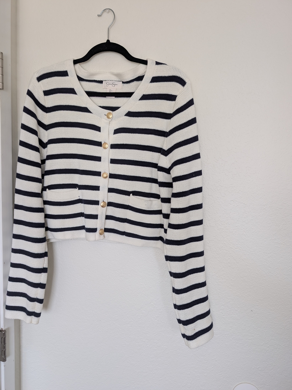Jessica Simpson Navy and White Striped Cropped Cardigan Blazer